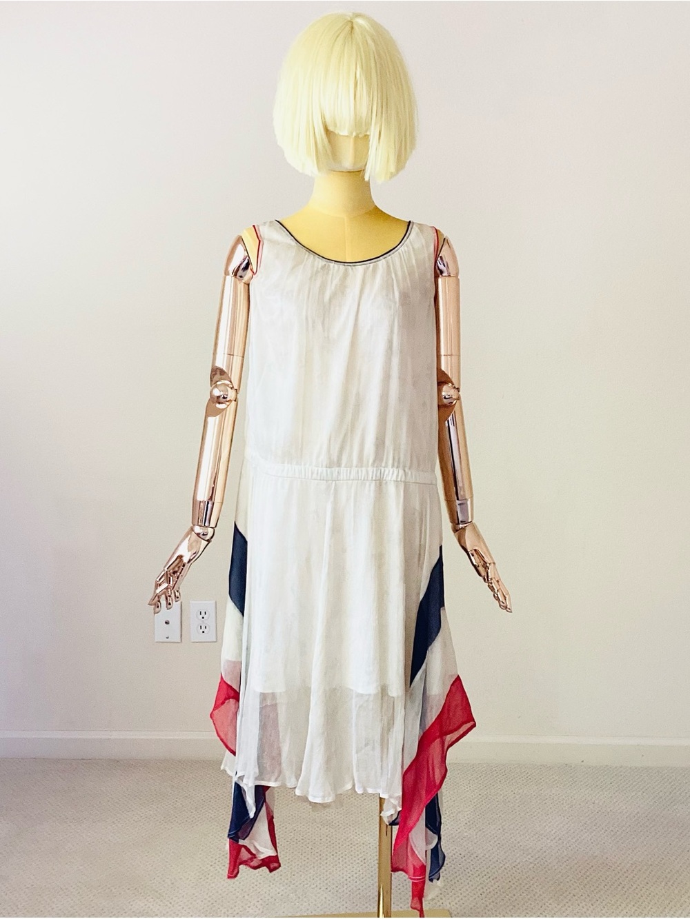 Diesel Silk Sheer Asymmetrical Dress in White with Navy and Red Accents SZ S
